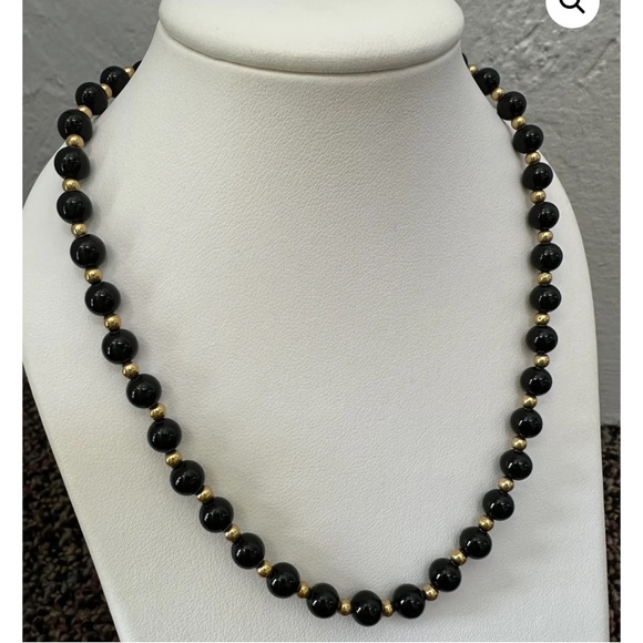 Onyx and 14k Gold Bead Necklace - Picture 3 of 6